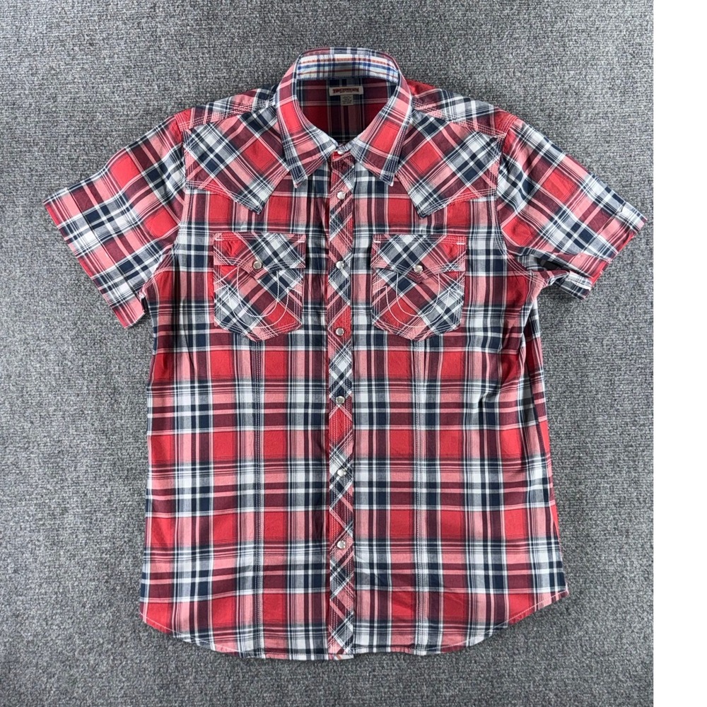 True Religion Mens XL Red Plaid Western Pearl Snap Button Down Shirt